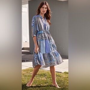 Johnny Was Blue and White Midi dress with Bishop Sleeves